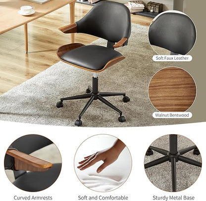 Art Leon Swivel Desk Chair, Mid Century Modern Office Chair with Wheels, Faux Leather Upholstered Arm Chair, Adjustable Height Task Chair with Metal Base, Black