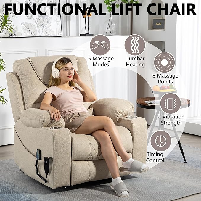 Large Power Lift Recliner Chair Sofa with Massage and Heat for Big and Tall Elderly,Infinite Positions,Dual Motor,Cup Holders,Extended Footrest,Velvet Home Theater Seat