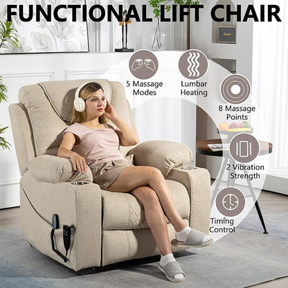 Large Power Lift Recliner Chair Sofa with Massage and Heat for Big and Tall Elderly,Infinite Positions,Dual Motor,Cup Holders,Extended Footrest,Velvet Home Theater Seat