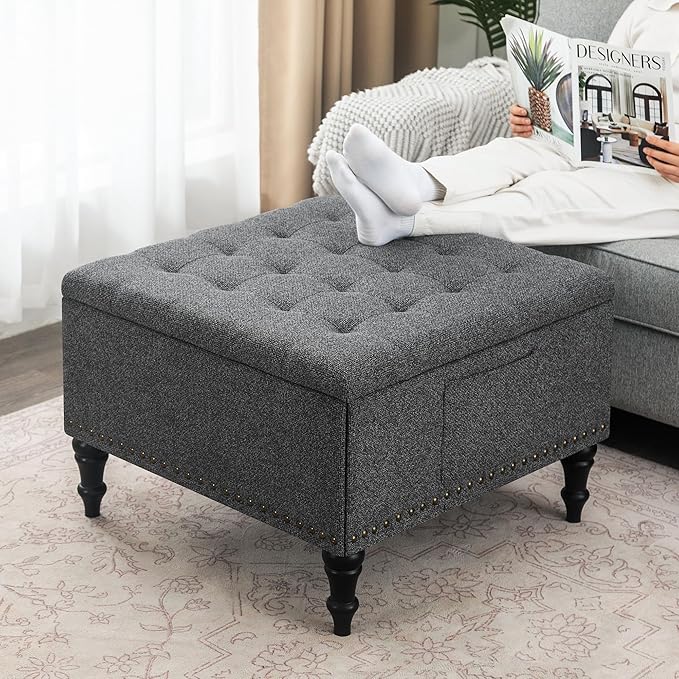 Square Ottoman with Storage Tufted Upholstered Storage Ottoman Square Coffee Table Ottomans with Legs 28’’ Large Fabric Footrest Ottomans Stool with Lift Top for Living Room Grey
