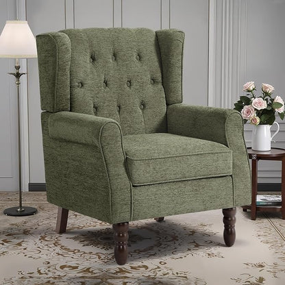 Lumibee High Back Accent Chair,Upholstered Wingback Armchair with Solid Wood Legs for Small Spaces,Comfy Single Sofa Chair for Living Room,Bedroom,Office-Green