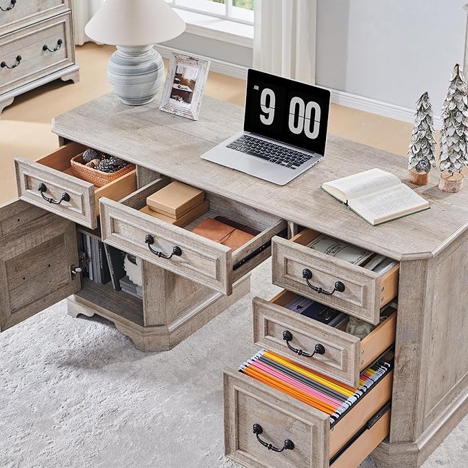 RedLemon 60" Executive Desk with Drawers,Wood Home Office Desk, Featuring Keyboard Tray,Charging Station,File Drawer, Storage Cabinet,for Work and Study (Light Rustic Oak)