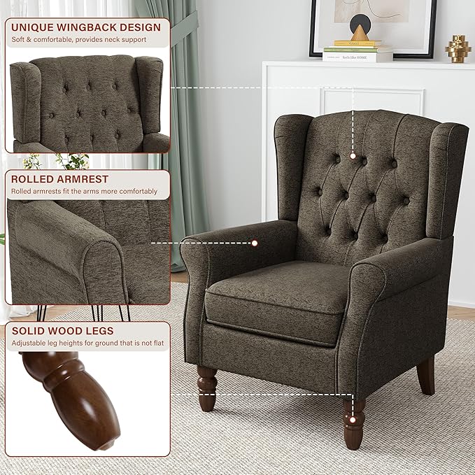 High Back Accent Chair, High Wingback Chair for Living Room, Button-Tufted Upholstered Fabric Armchair with Solid Wood Legs, Comfy Single Sofa Reading Chair for Bedroom, Taupe
