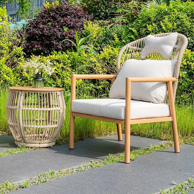 Modern Living Room Chairs, Accent Chairs Set of 2 with Coffee Table, Comfy Arm Chair with Cushions, Rattan Reading Lounge Chair with Metal Frame, Armchair for Bedrooom/Indoor/Outdoor, Beige