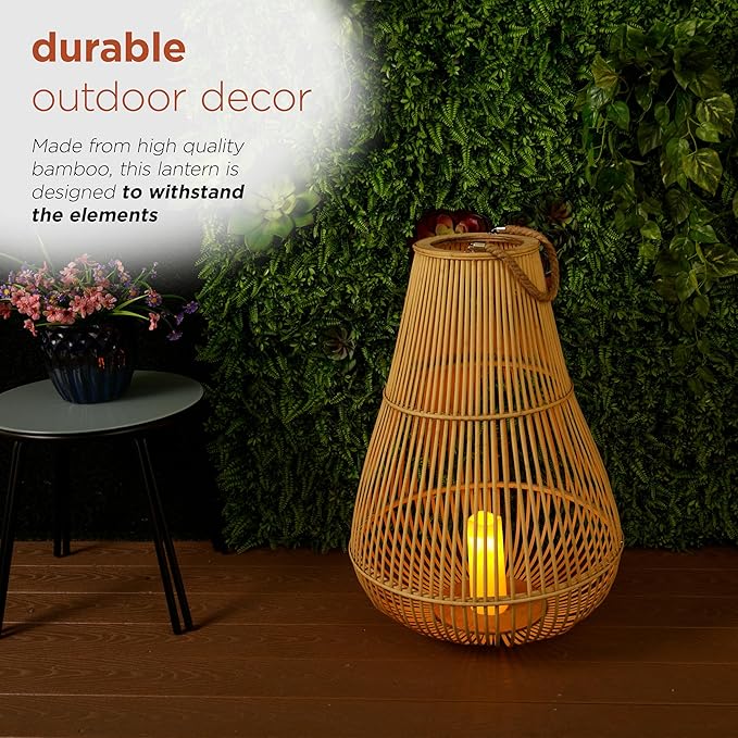 Alpine Corporation IWY108HH-L Outdoor Bamboo Lantern with LED Candle, Brown Finish for Patio and Garden Decor, 33" Tall