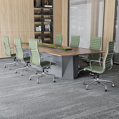 Ribbed Office Chair with Top Grain Leather - High Back Ergonomic Desk Chair with Aluminum Arm Rest and 5-Star Base, Swivel Chairs Light Green