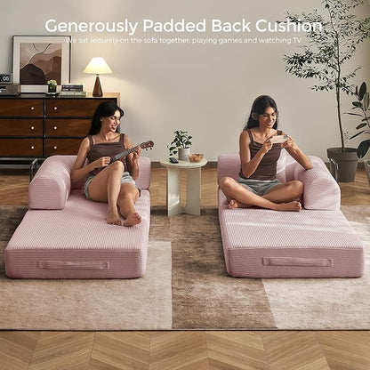 79" Convertible Sofa Bed with Fixed-Shape Frame & Removable Armrests, Modular Corduroy Sleeper Sofa, Folding Mattress Couch for Small Spaces - No Assembly Needed in Pink (Includes 2 Pillows)