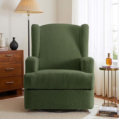 Boucle Swivel Glider Recliner Chairs Set of 2 for Adults - Plush High Back Rockers with Deep Seat, Coordinating Manual Recliners for Living Room, Luxury Upholstered Armchairs-Green