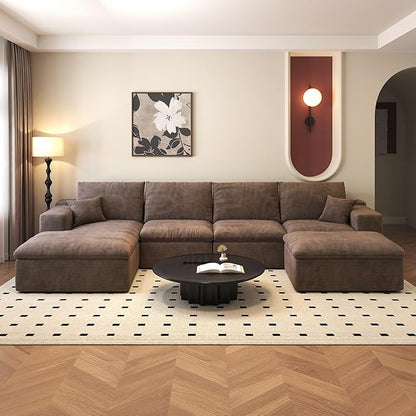 136.6'' U-Shaped Modern Modular Sectional Cloud Couch Whit Ottoman, 4-Seat Chenille Deep-Seat Sofa with Pillow for Living Room, Bedroom, Apartment, Camel