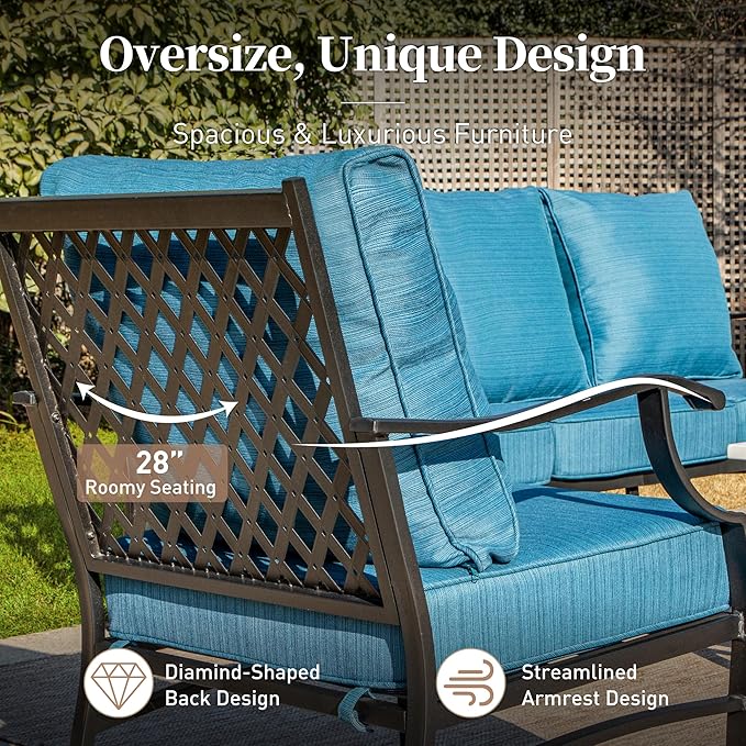 4 Piece Metal Outdoor Patio Furniture Set, Patio Conversation Set 1 3-seater Sofa, 2 Fixed Chair with 5.75" Extra Thick Cushion and Coffee Table, Black Frame Backyard Furniture, Blue-2