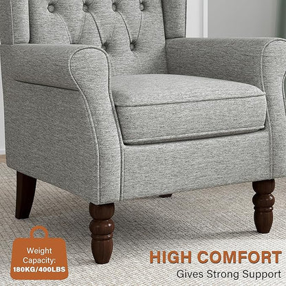 High Back Accent Chairs Set of 2, High Wingback Chair for Living Room, Button-Tufted Upholstered Fabric Armchair with Solid Wood Legs, Comfy Single Sofa Reading Chair for Bedroom, Light Gray