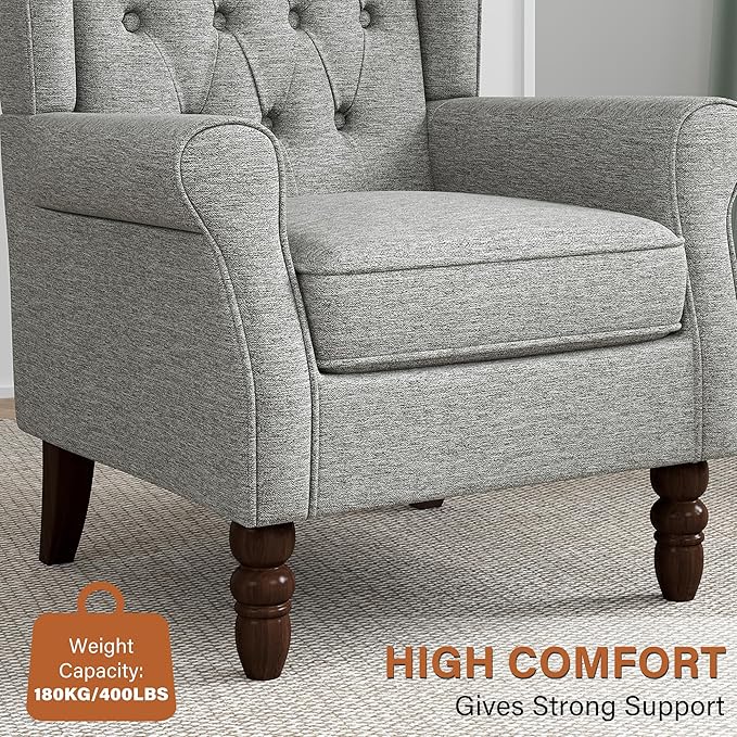 High Back Accent Chair, High Wingback Chair for Living Room, Button-Tufted Upholstered Fabric Armchair with Solid Wood Legs, Comfy Single Sofa Reading Chair for Bedroom, Light Gray
