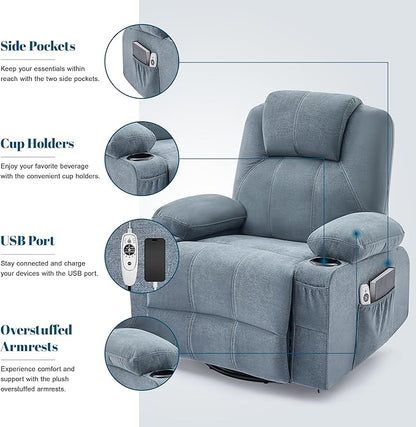 Oversized Swivel Rocker Recliner Chair with Heat and Massage, Large Big Recliner Chair for Living Room, 360 Degree Swivel Rocking Single Sofa with Cup Holders and USB Port(Fabric, Blue)