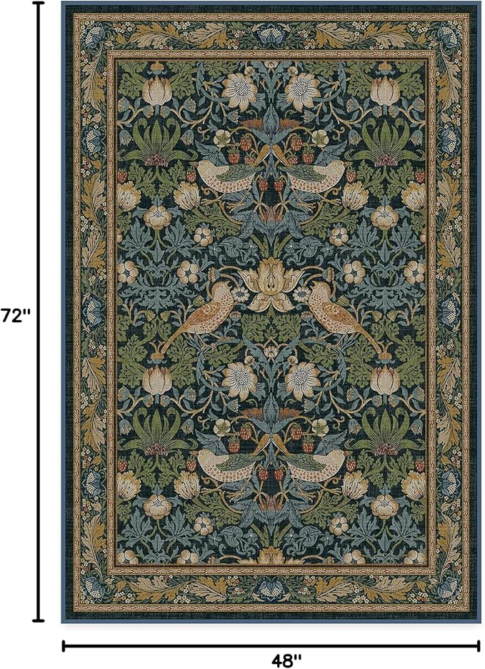 RUGGABLE x Morris & Co Washable Area Rug– Strawberry Thief Indigo 4x6, Stain-Resistant, Non-Slip – Medium Machine Washable Rugs for Living Room, Bedroom, Hallway, Entryway & Office–with Cushioned Pad