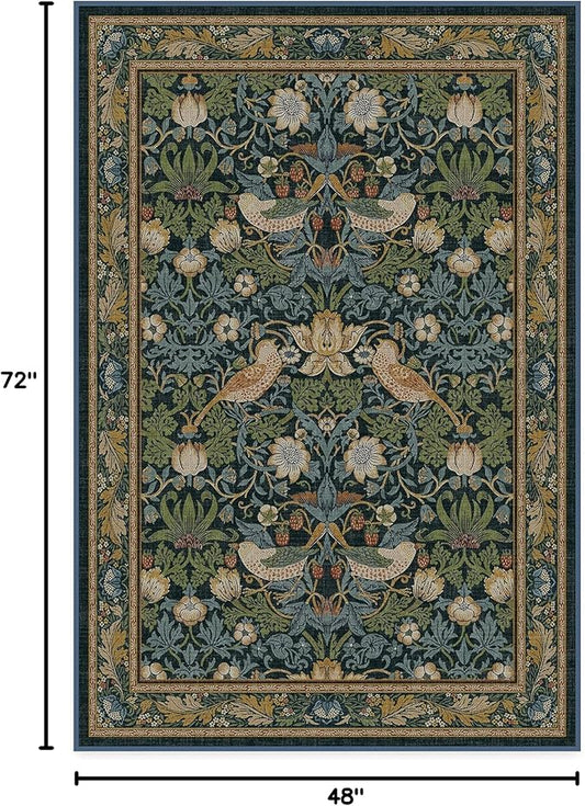 RUGGABLE x Morris & Co Washable Area Rug– Strawberry Thief Indigo 4x6, Stain-Resistant, Non-Slip – Medium Machine Washable Rugs for Living Room, Bedroom, Hallway, Entryway & Office–with Cushioned Pad