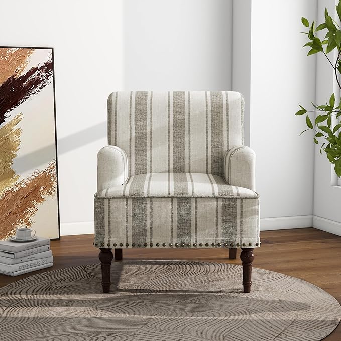 Accent Chair, Mid Century Modern Comfy Armchair for Living Room, Linen Fabric Single Sofa Lounge for Reading Bedroom Apartment Waiting Room with Wood Legs (Brown Stripe, Set of 2)