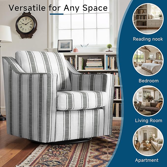 Pia Ricco Set of 2 Oversized Modern Striped Fabric Swivel Accent Chairs with Removable Covers, Living Room Reception Set