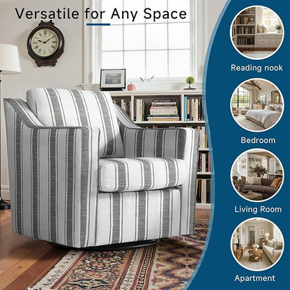 Pia Ricco Set of 2 Oversized Modern Striped Fabric Swivel Accent Chairs with Removable Covers, Living Room Reception Set