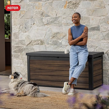 Keter Signature Collection 150 Gallon Resin Deck Box Organization and Storage for Patio Outdoor Cushions, Throw Pillows, Garden Tools and Pool Supplies, Rosewood