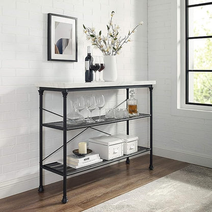 Crosley Furniture Madeleine Sofa Console Table with Storage Shelves for Hall, Entryway, or Living Room, Steel with Faux Marble Top