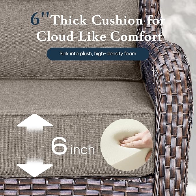 Belord Luxury 6" Thick Cushioned 11 Pieces Patio Furniture Set with Outdoor Couch, Wicker Outdoor Conversation Set with High Back Swivel Rocker Chairs for Deck Porch Yard and Poolside - Brown+Grey