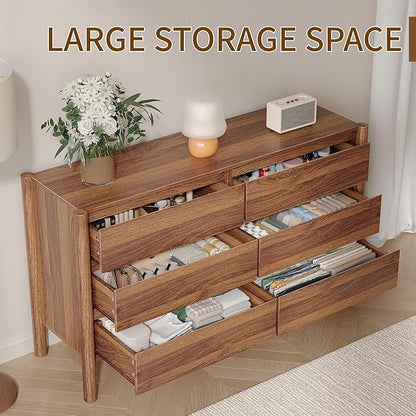 CHUWELL Dresser for Bedroom, 47" Wide Mid Century Modern Chest of Drawers with 6 Large Storage Space and 4 Solid Wood Cylindrical Legs, 6 Drawer Large Dresser for Bedroom(Walnut)