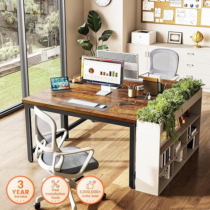 Huuger 48 x 24 inch Desk with Power Outlets & USB-C, Deeper & Thicker Desktop, Robust Metal Tubes, Computer Desk, Heavy Duty Office Desk, Work Gaming Desk for Home Office, Rustic Brown