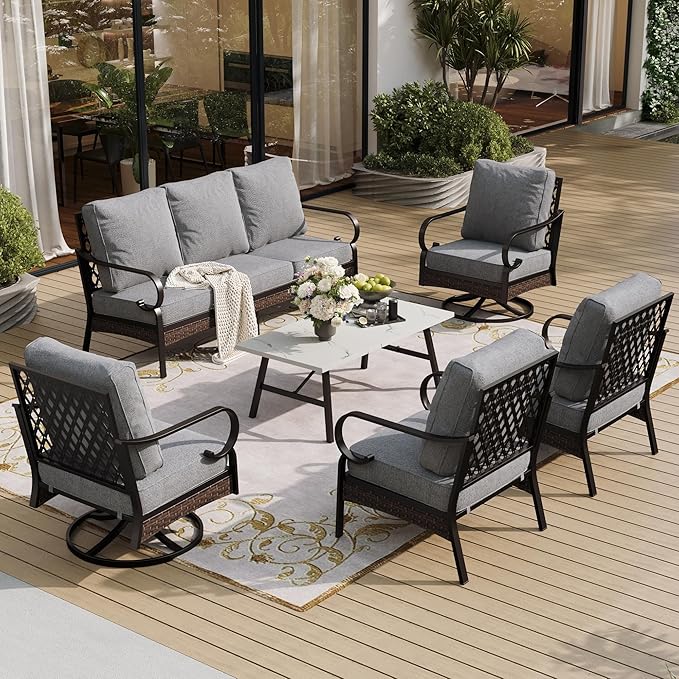 6 Piece Metal Outdoor Patio Furniture Set, Patio Conversation Set - 1 3-Seater Sofa and 2 Swivel Sofas with 5.75" Thick Cushions & Coffee Table - Black and Gray Backyard Furniture