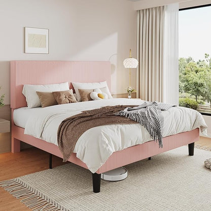 Allewie King Size Upholstered Bed Frame with Vertical Channel Tufted Headboard, Soft Corduroy Fabric Platform Bed, Strong Wooden Slats Support, Easy Assembly, No Box Spring Needed, Light Pink