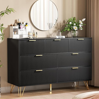 Dresser for Bedroom, Modern Fluted 47.2" Wide Chest of Drawers with Gold Pulls and 7 Drawers, 15.7" D x 47.2" W x 31.4" H, Black
