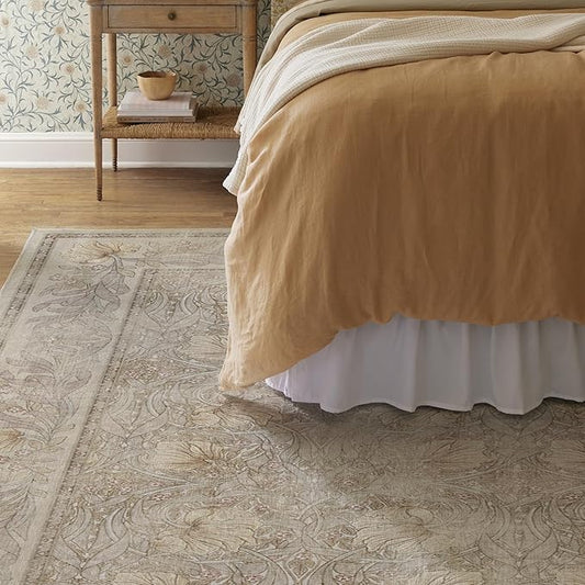 RUGGABLE x Morris & Co Washable Area Rug– Pimpernel Vintage Stone 9x12, Stain-Resistant, Non-Slip – Large Machine Washable Rugs for Living Room, Bedroom, Hallway, Entryway & Office–with Cushioned Pad