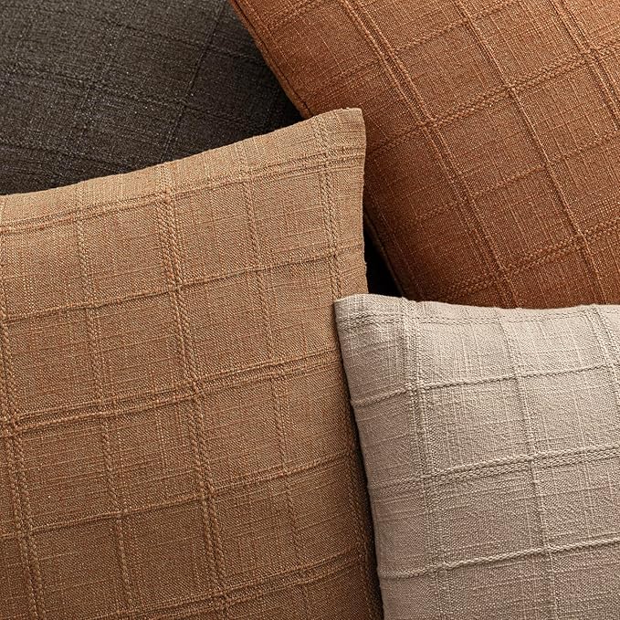 Foindtower Set of 2 Decorative Linen Check Throw Pillow Covers Neutral Farmhouse Vintage Cushion Covers Modern Boho Home Decor for Sofa Chair Couch Bedroom Living Room,20×20 Inch,Brick