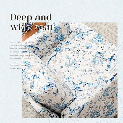 Mid-Century Accent Chair,Modern Linen Fabric Armchair for Living Room,Comfy Upholstered Reading Accent Chairs for Bedroom,Single Sofa Chair with Wood Legs (Blue Flowered Bird, 2 Pack)