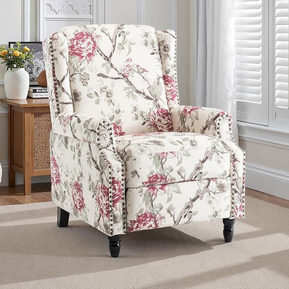 Pushback Recliner Chair, Floral Fabric Wingback Recliner Chair, Upholstered Armchair Push Back Recliner, Rivet Trim Single Sofa Accent Chair with Wood Legs for Living Room, Plants Floral