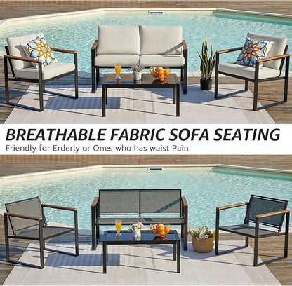 NATURAL EXPRESSIONS 4 Pieces Patio Furniture Sets,Metal Outdoor Patio Furniture Sets,Outdoor Sectional Patio Conversation Set,Wooden Anti-Scald Armrest,Sling Mesh,4" Olefin Cushions