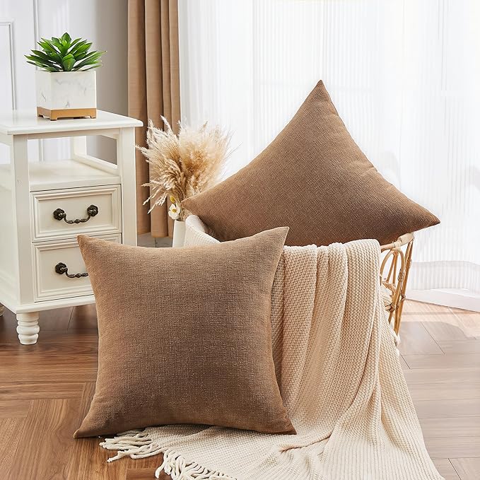 GAWAMAY Decorative Chenille Throw Pillow Covers 24x24 Inch Pack of 2, Soft Square Couch Pillow Cover for Sofa Cushion Living Room Bedroom Solid Dyed Pillowcases Brown 60x60cm (ONLY Covers)