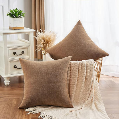 GAWAMAY Decorative Chenille Throw Pillow Covers 24x24 Inch Pack of 2, Soft Square Couch Pillow Cover for Sofa Cushion Living Room Bedroom Solid Dyed Pillowcases Brown 60x60cm (ONLY Covers)