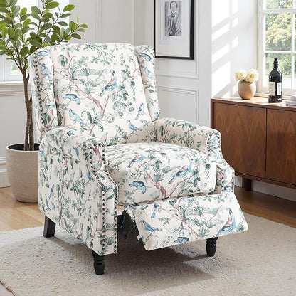 Pushback Recliner Chair Set of 2, Floral Fabric Wingback Recliner Chair, Upholstered Armchair Push Back Recliner, Rivet Trim Single Sofa Accent Chair with Wood Legs for Living Room, Bird