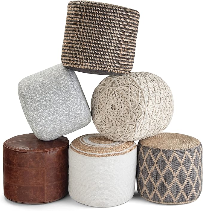 SIMPLIHOME Connor Boho Round Pouf in Distressed Brown Genuine Leather for the Living Room, Bedroom and Kids Room