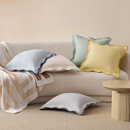 Double Stitch Scalloped Throw Pillow Covers - 100% Cotton Decorative Boho Pillow Covers 20 x 20, Made in India, Square Cushion Case, Modern Home Decor for Couch Sofa Living Room, Winter Sky