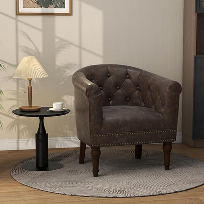 Lumibee Faux Leather Barrel Chair, Upholstered Accent Chair for Living Room, Modern Comfy Club Armchair for Office, Bedroom, Waiting Room-Chocolate