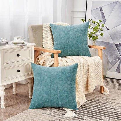 GAWAMAY Decorative Throw Pillow Covers 16x16 Inch Set of 2, Super Soft Chenille Square Pillows Farmhouse Fall Pillowcase for Living Room Bedroom Sofa Couch Cushion Cover Smoke Blue 40x40cm