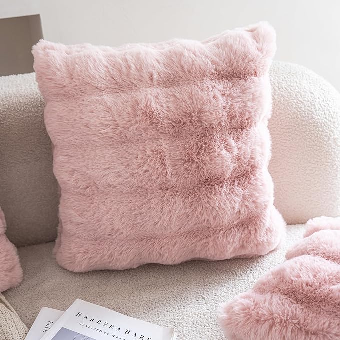 Neelvin Pink Faux Fur Cozy Soft Double-Sided Decorative Throw Pillow Covers 20x20 inch Set of 2,Velvet Pillowcase Cushion Case for Sofa Couch