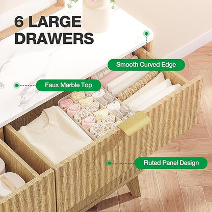 Fluted 6 Drawer Dresser, 47" Wide Chest of Drawers with Faux Marble Top, Modern Dresser TV Stand, Wood Closet Clothes Storage Organizer with Curved Edges for Bedroom, Living Room, Natural