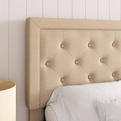 Allewie Queen Size Button Tufted/Fabric Upholstered Bed Frame with Adjustable Headboard/Wood Slat Support/Mattress Foundation/Beige