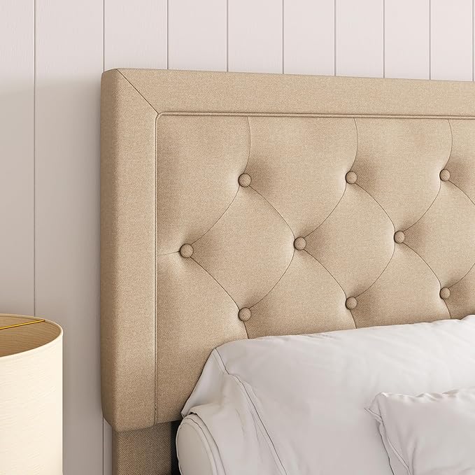 Allewie Full Size Button Tufted/Fabric Upholstered Bed Frame with Adjustable Headboard/Wood Slat Support/Mattress Foundation/Beige