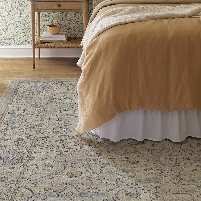 RUGGABLE x Morris & Co Washable Area Rug – Montreal Natural Blue 8x10, Stain-Resistant, Non-Slip – Large Machine Washable Rugs for Living Room, Bedroom, Hallway, Entryway & Office–with Standard Pad