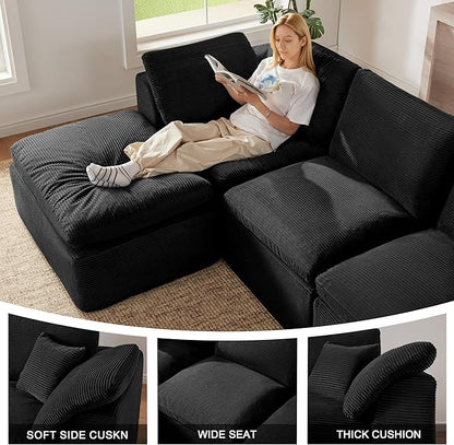 143" Cloud Sectional Couch, Boneless couches for Living Room，U Shaped Couch with Convertible Ottoman, Modular Sectional Sofa with Deep Seat, Comfy Soft Cushions, No Assembly, Black