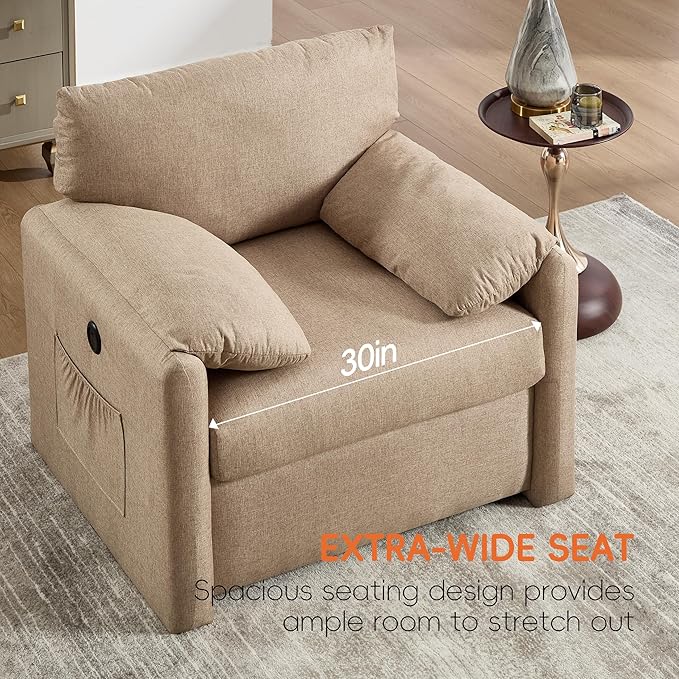 Oversized Accent Chair Mid-Century Modern Armchair for Living Room,USB and Type-C Ports,Comfy Reading Chairs for Bedroom with Side Pockets,Extra-Wide Single Sofa Chair(Khaki, Set of 1)