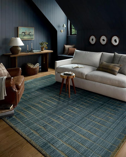 Loloi Chris Loves Julia Calvin Collection CLV-02 Ocean/Olive 3'-6" x 5'-6" Accent Rug Checkered Neutral Soft Living Room Bedroom Carpet